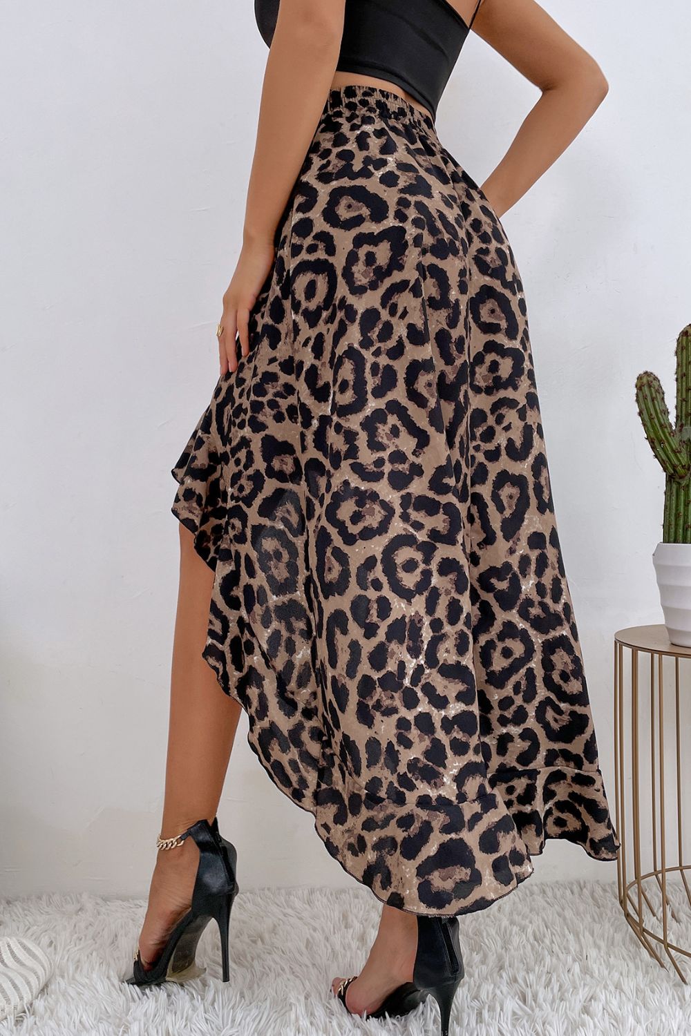 Leopard Ruffle Hem High-Low Skirt - Skirts - FITGGINS