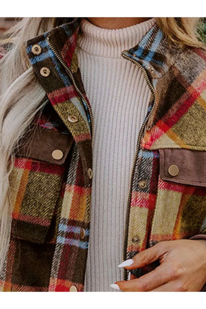 Pocketed Plaid Long Sleeve Jacket - Jackets - FITGGINS