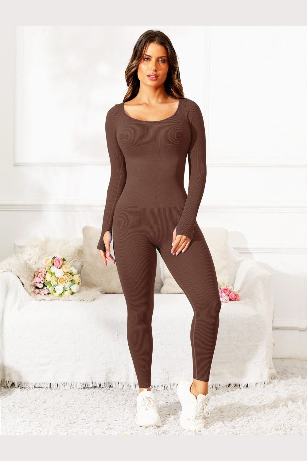 Scoop Neck Long Sleeve Active Jumpsuit - Active Set - FITGGINS