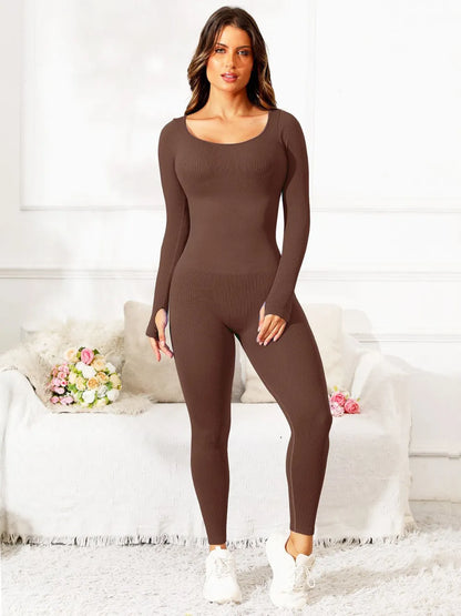 Scoop Neck Long Sleeve Active Jumpsuit Brown Fitggins