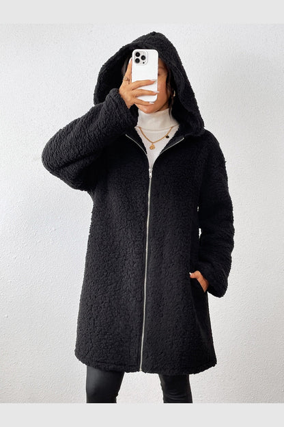 Zip Up Long Sleeve Sherpa Hooded Coat - Jackets - FITGGINS