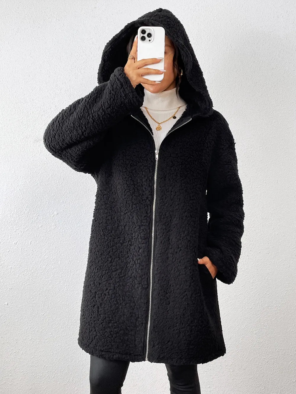 Zip Up Long Sleeve Sherpa Hooded Coat Fitggins