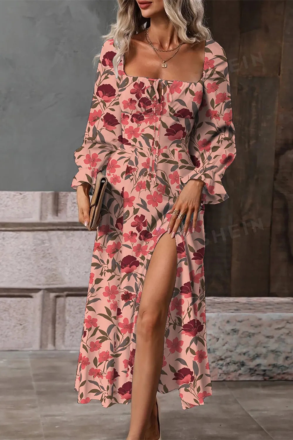 Floral Print Flounce Sleeve Midi Dress Dusty Pink Fitggins