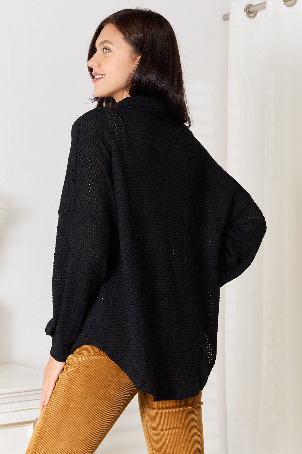 Double Take Waffle-Knit Collared Neck Dropped Shoulder Shirt - Shirts - FITGGINS