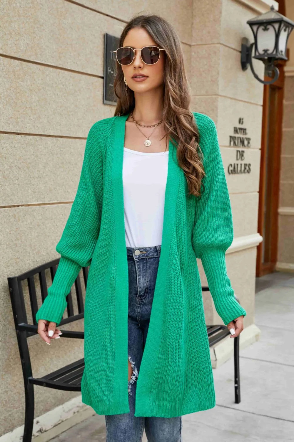 Open Front Lantern Sleeve Cardigan Green Fitggins