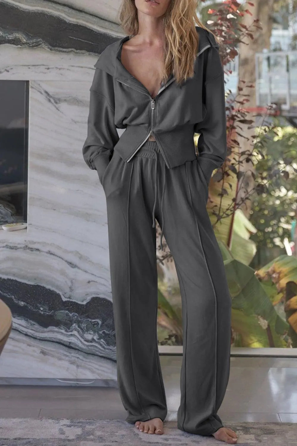 Zip-Up Hoodie and Pants Active Set Dark Gray Fitggins