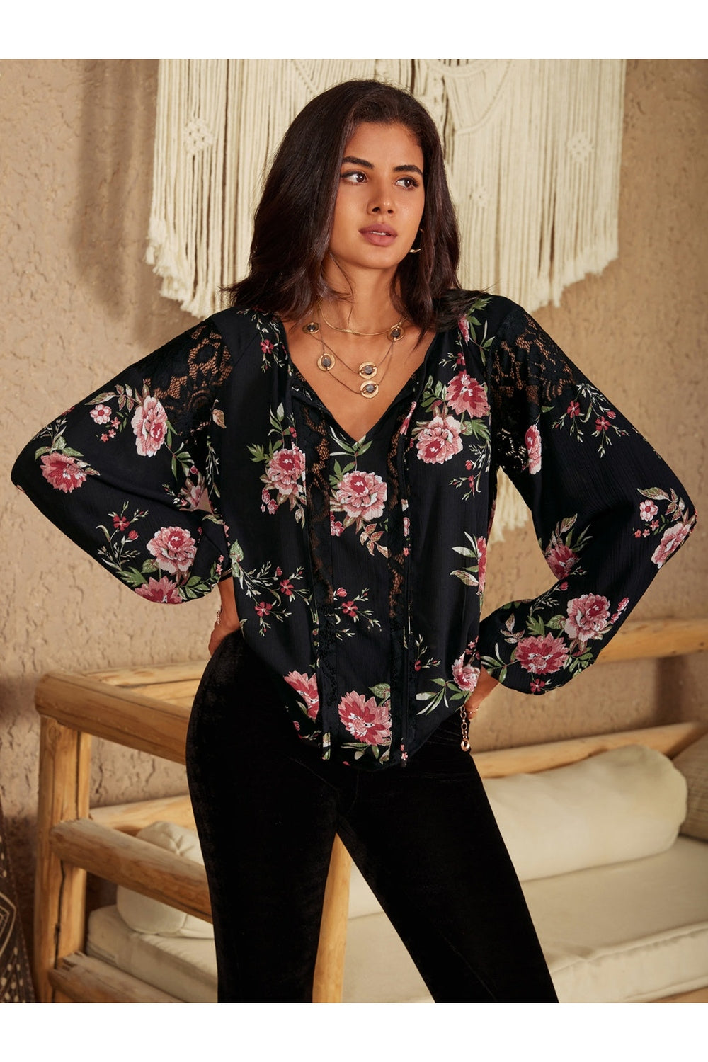 Flower Printed Tie Neck Long Sleeve Blouse - Blouses - FITGGINS