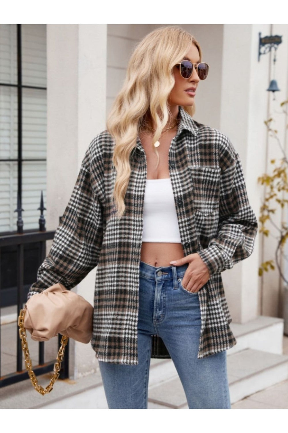 Mandy Pocketed Plaid Collared Neck Long Sleeve Shirt - Shirts - FITGGINS