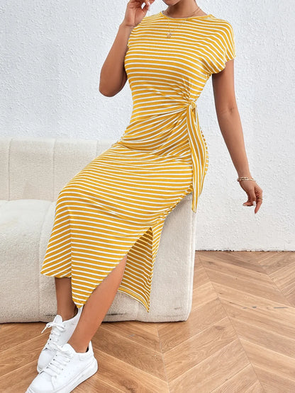 Honey Tied Striped Round Neck Short Sleeve Tee Dress Yellow Fitggins