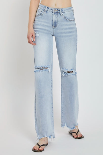 RISEN Full Size High Rise Distressed Wide Leg Jeans - Jeans - FITGGINS