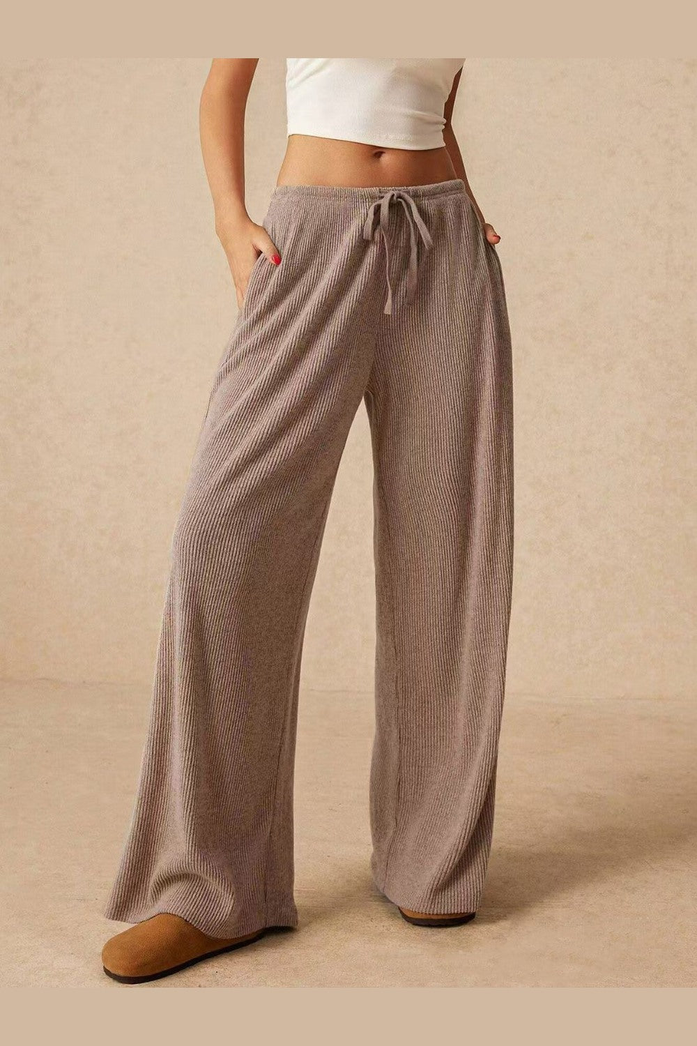 Ribbed Drawstring Wide Leg Pants - Pants - FITGGINS