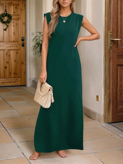 Full Size Slit Round Neck Sleeveless Maxi Tank Dress Plus Size Dark Green Fitggins