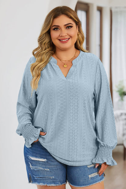 Plus Size Eyelet Notched Flounce Sleeve Blouse - Blouses - FITGGINS