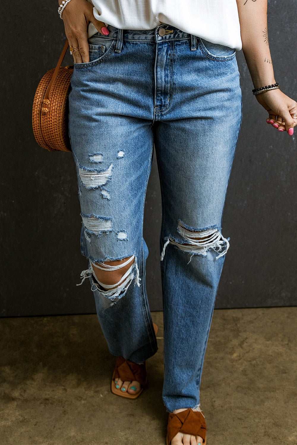 Distressed Raw Hem Jeans with Pockets - Jeans - FITGGINS