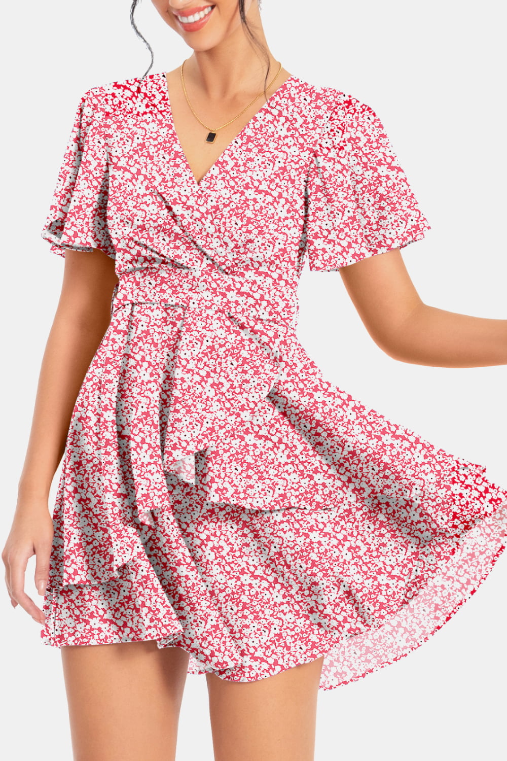 Surplice Neck Flutter Sleeve Dress - Casual & Maxi Dresses - FITGGINS