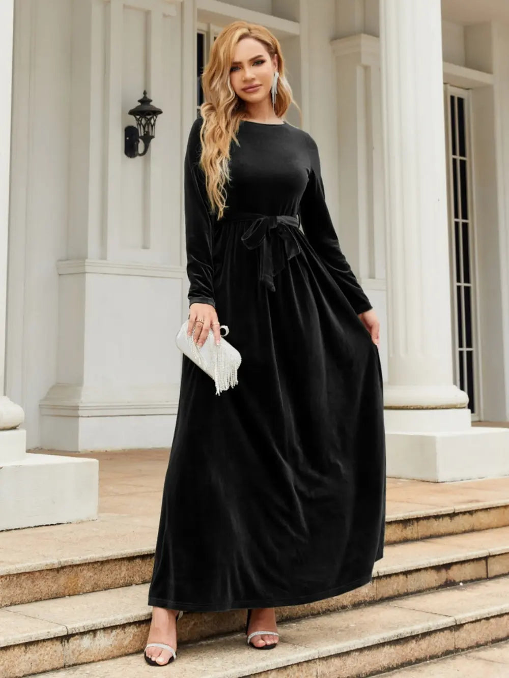 Tie Front Round Neck Long Sleeve Maxi Dress Black Fitggins