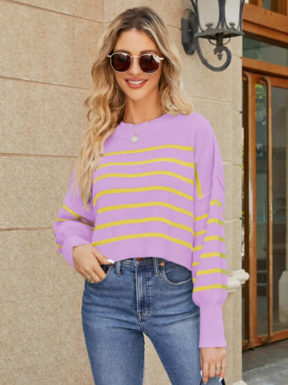 Round Neck Striped Lantern Sleeve Sweater Heliotrope Purple Fitggins