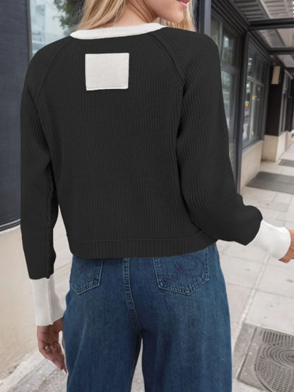 Contrast Button Up Long Sleeve Cardigan Fitggins