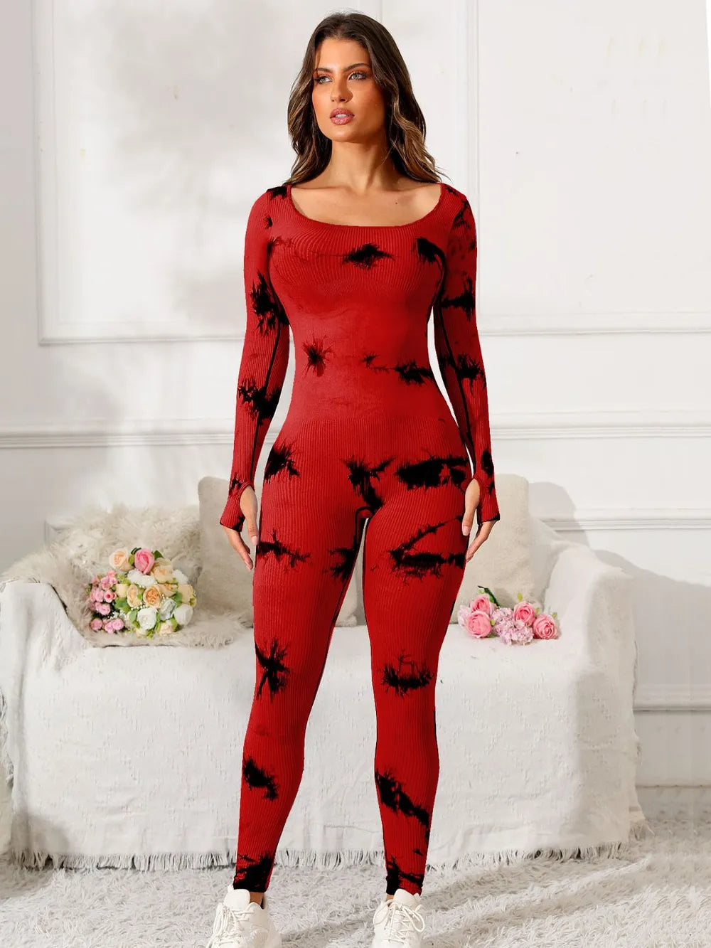 Scoop Neck Long Sleeve Active Jumpsuit Deep Red Fitggins