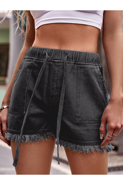 Drawstring Raw Hem Denim Shorts - Denim Shorts - FITGGINS