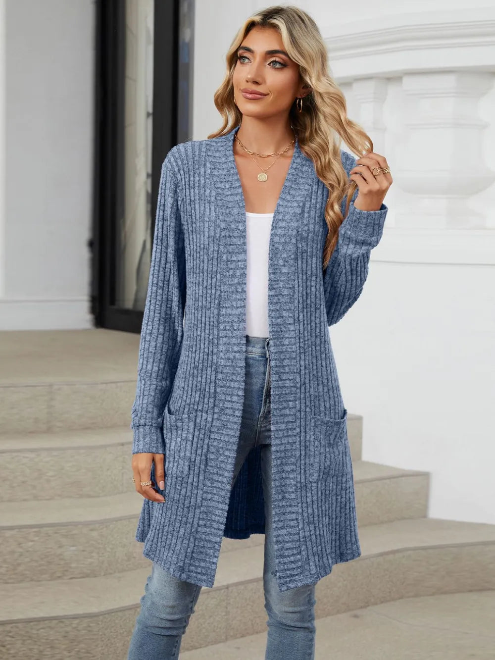 Open Front Long Sleeve Cardigan Dusty Blue Fitggins