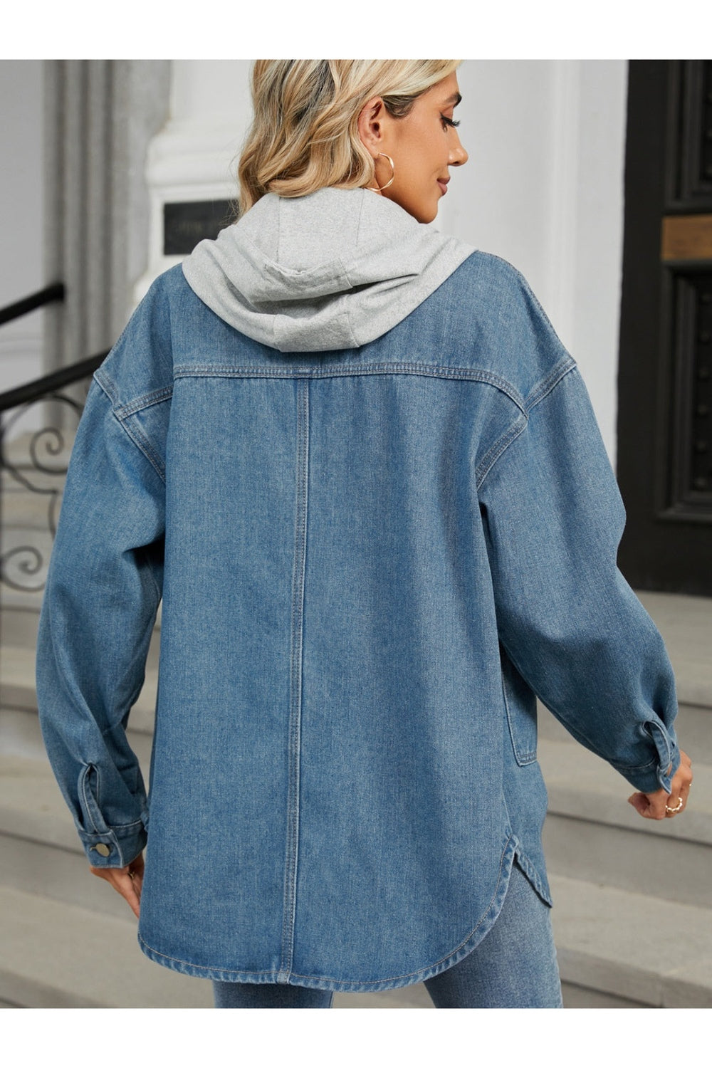 Removable Hood Button Up Long Sleeve Denim Jacket - Denim Jackets - FITGGINS