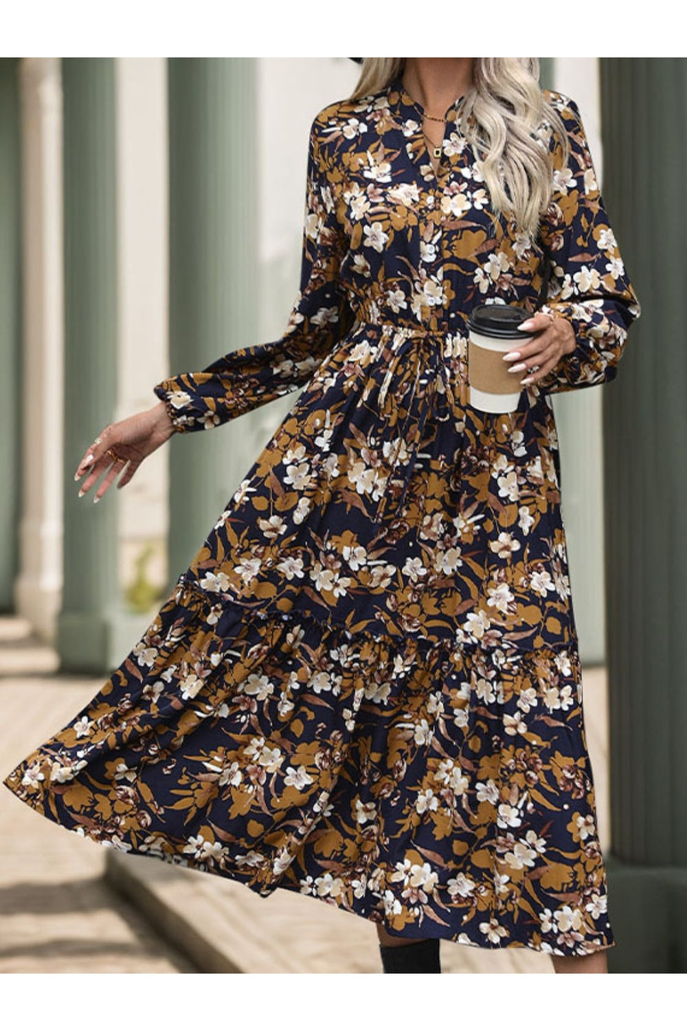 Perfee Printed Notched Long Sleeve Midi Dress - Casual & Maxi Dresses - FITGGINS