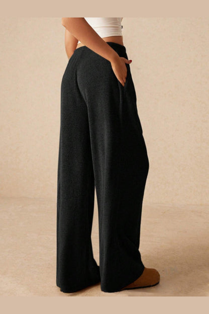 Ribbed Drawstring Wide Leg Pants - Pants - FITGGINS