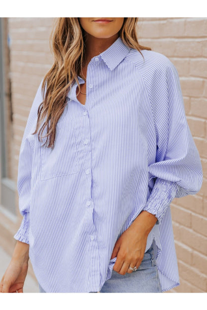 Striped Collared Neck Lantern Sleeve Shirt - Shirts - FITGGINS