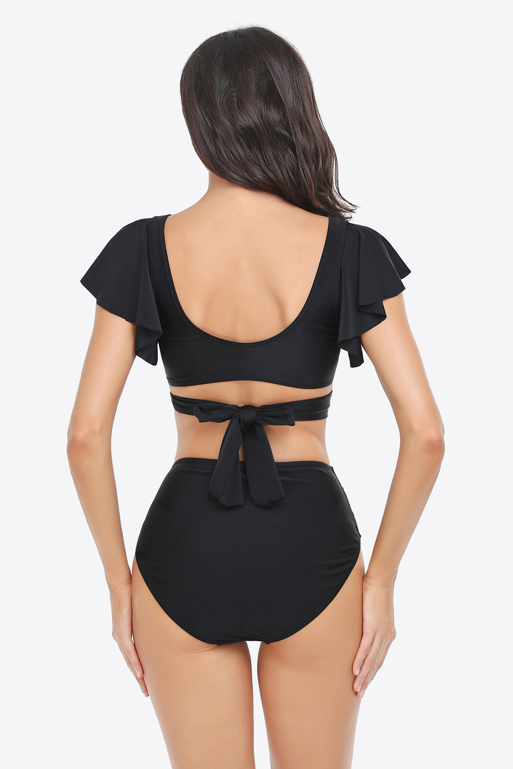 Two-Tone Flutter Sleeve Tied Two-Piece Swimsuit - Bikinis & Tankinis - FITGGINS