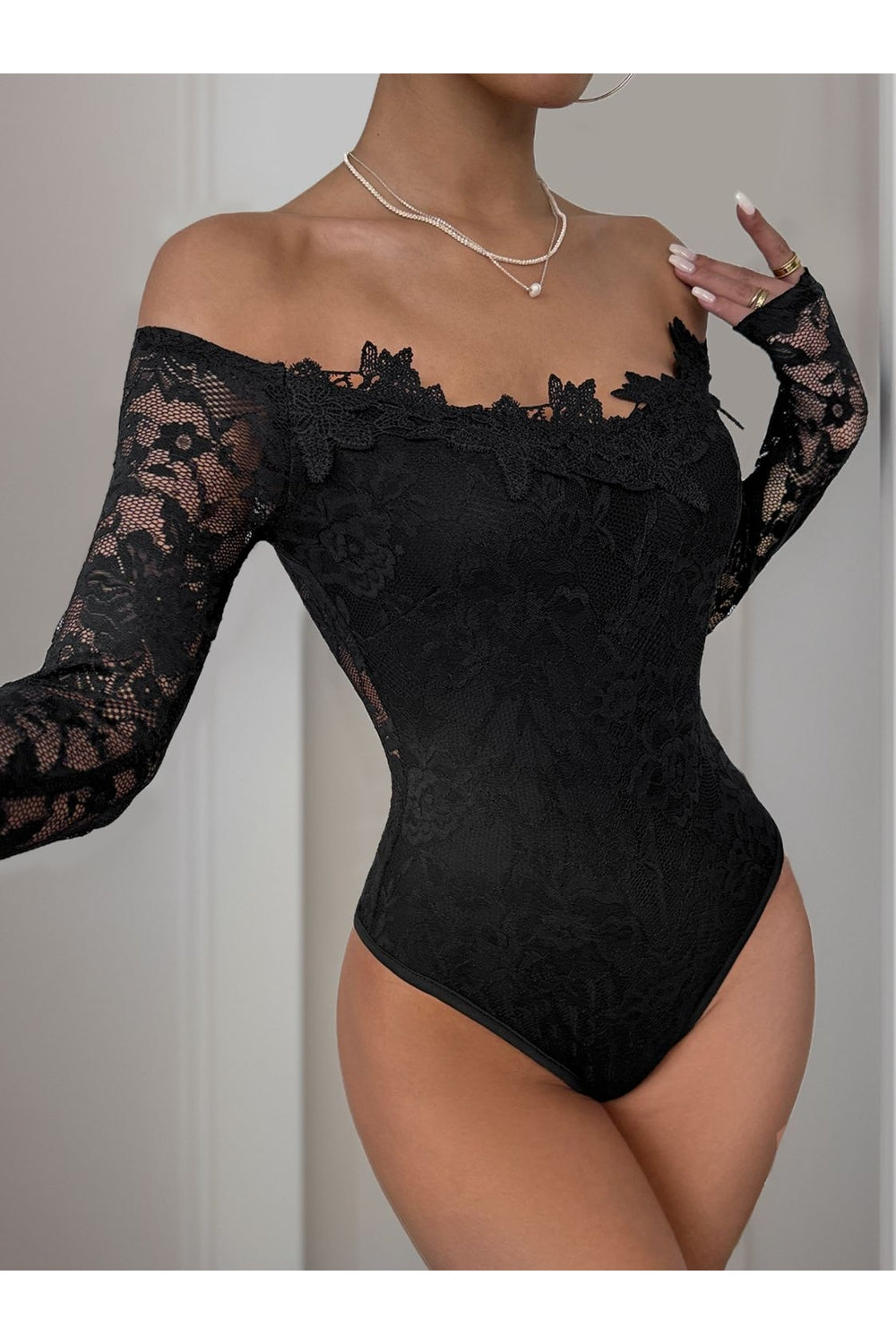 Perfee Lace Off-Shoulder Long Sleeve Bodysuit - Bodysuit - FITGGINS