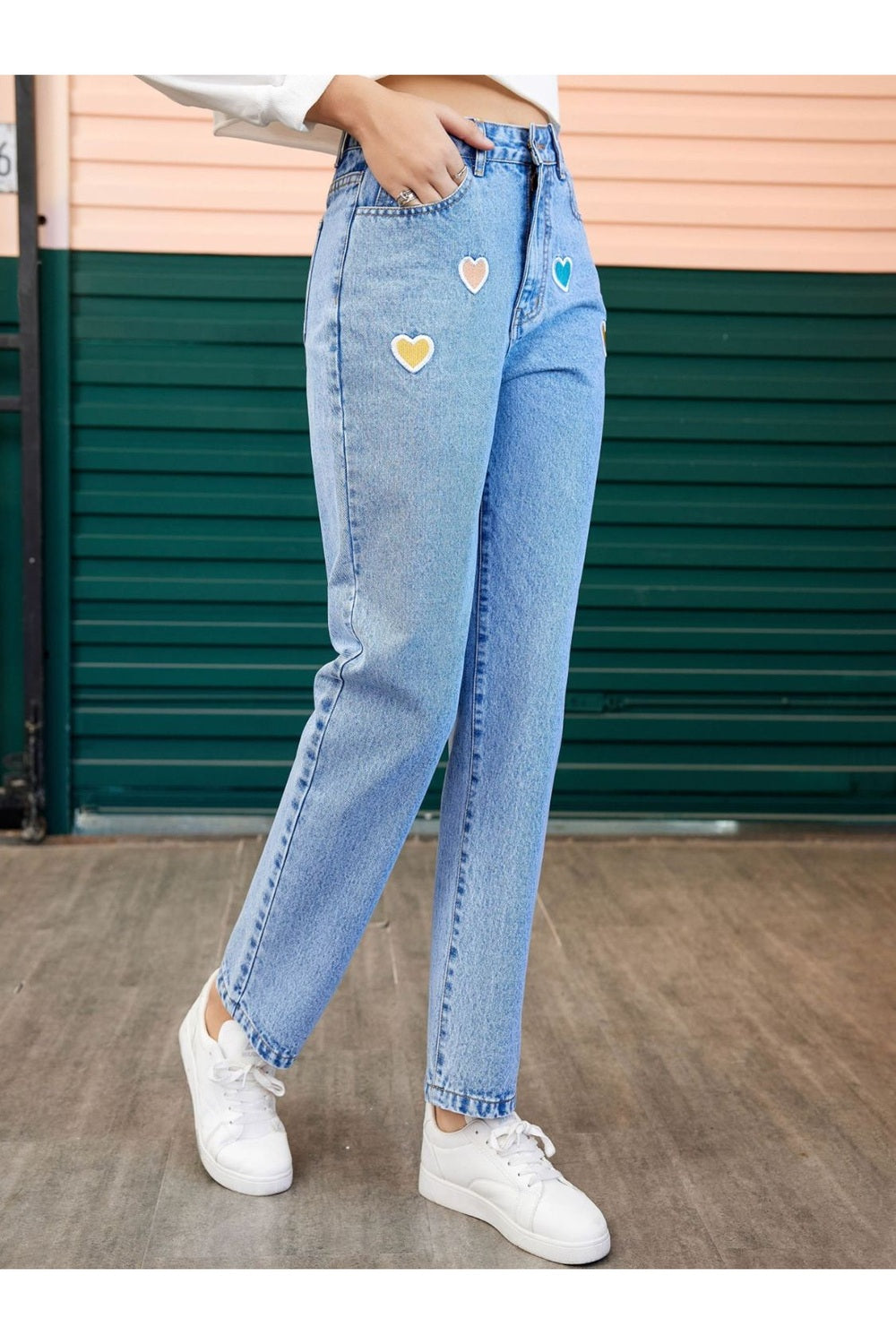 Heart Straight Leg Jeans with Pockets - Jeans - FITGGINS