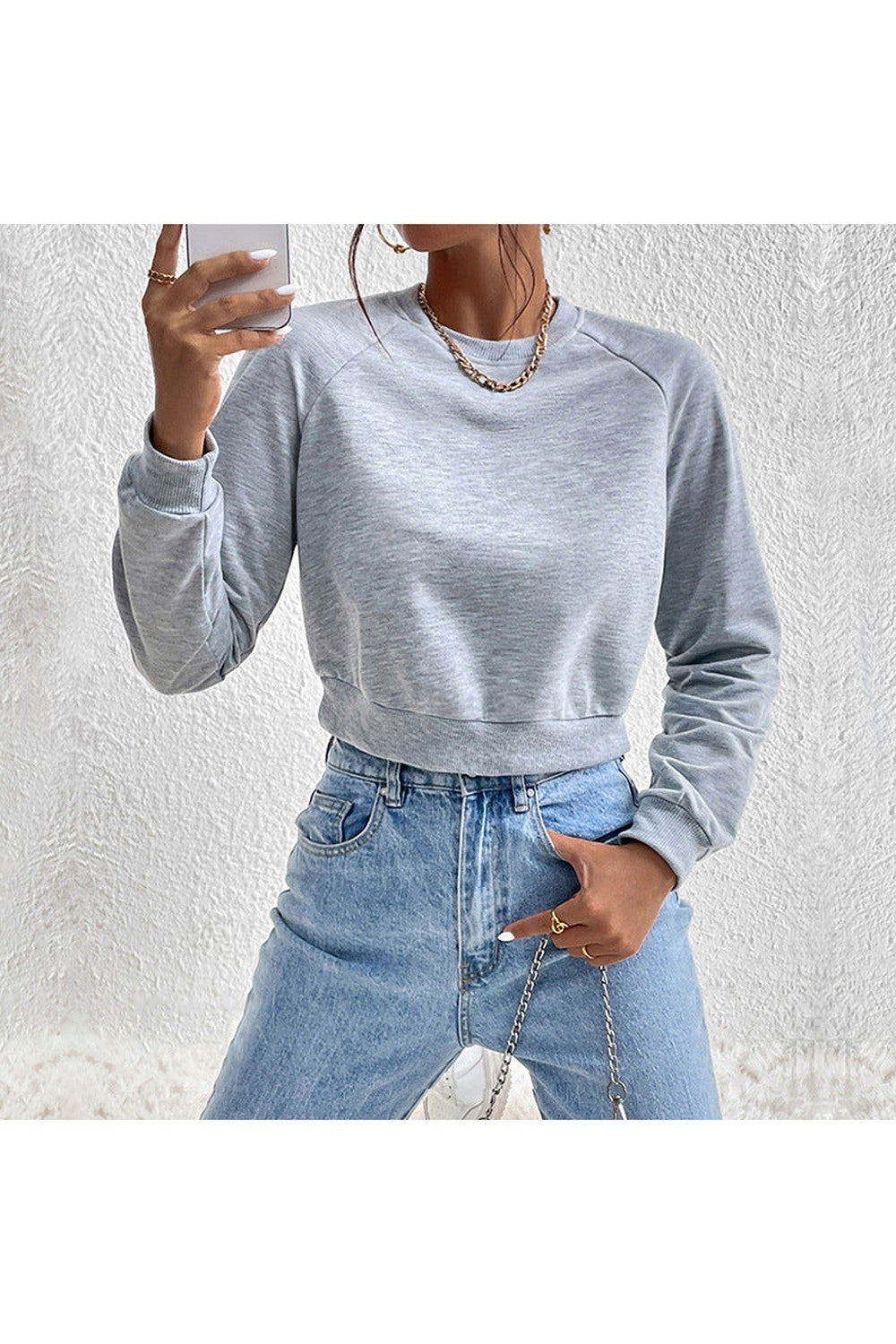 Perfee Raglan Sleeve Round Neck Cropped Sweatshirt - Sweatshirts & Hoodies - FITGGINS