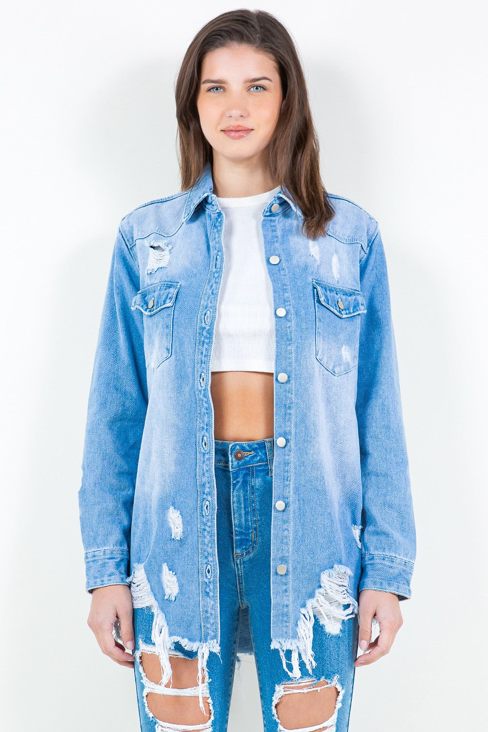 American Bazi Frayed Hem Distressed Denim Shirt Jacket - Denim Jackets - FITGGINS