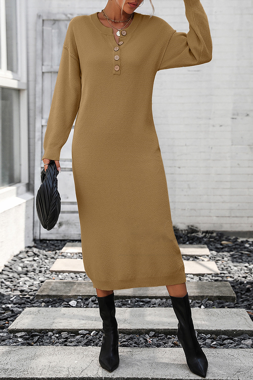 Decorative Button Notched Dropped Shoulder Sweater Dress - Sweater Dresses - FITGGINS