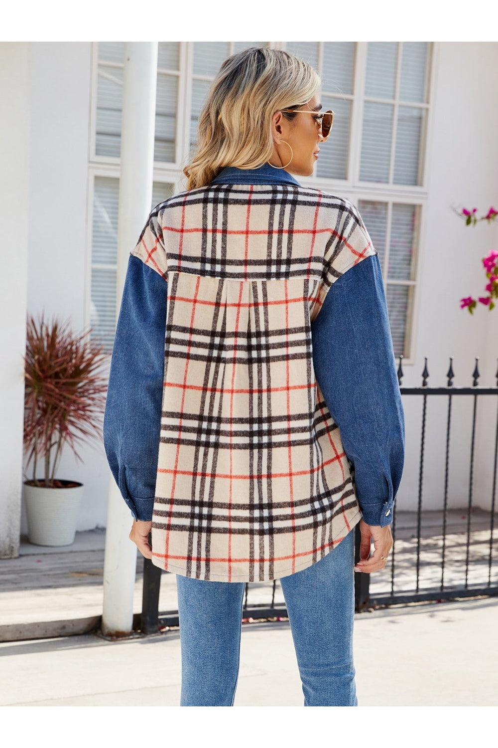 Plaid Long Sleeve Denim Jacket - Denim Jackets - FITGGINS