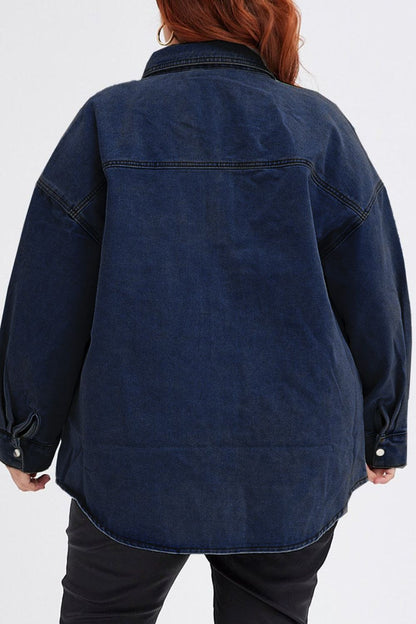 Plus Size Snap Down Pocketed Denim Jacket - Denim Jackets - FITGGINS