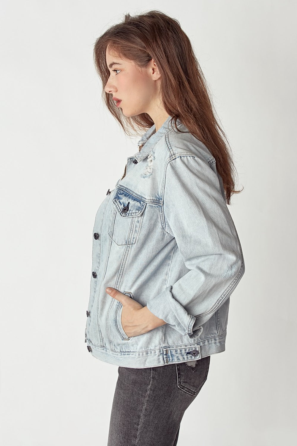 RISEN Distressed Button Up Jacket - Denim Jackets - FITGGINS