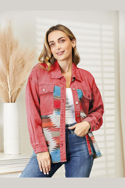 Dropped Shoulder Long Sleeve Printed Denim Jacket - Denim Jackets - FITGGINS