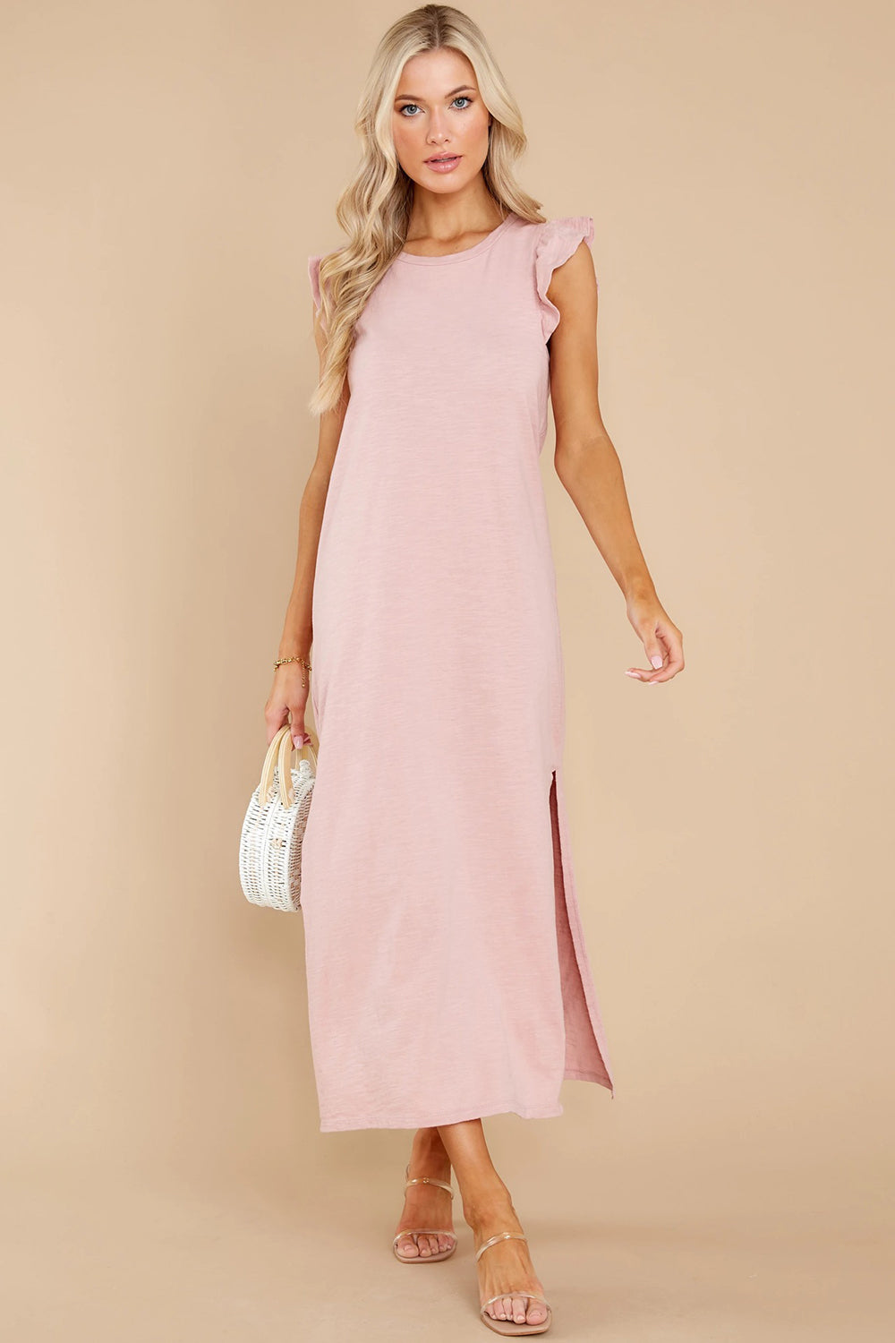 Ruffled Slit Round Neck Cap Sleeve Dress - Casual & Maxi Dresses - FITGGINS