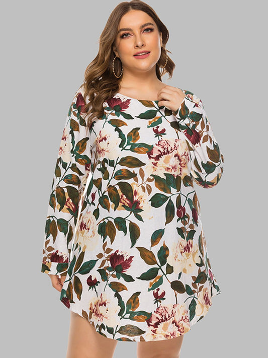 Full Size Floral Long Sleeve Mini Dress Ivory Fitggins