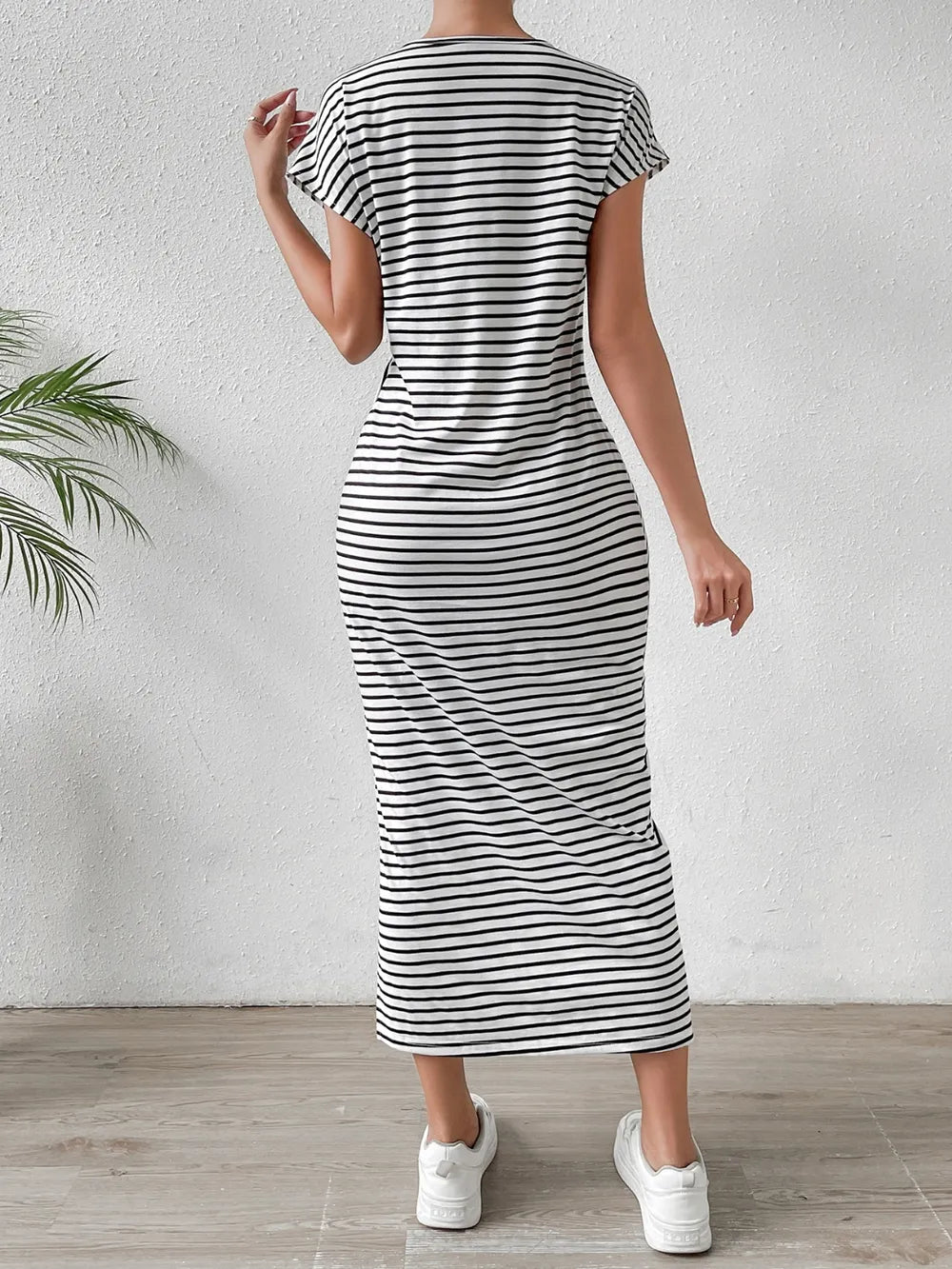 Honey Tied Striped Round Neck Short Sleeve Tee Dress Black Fitggins
