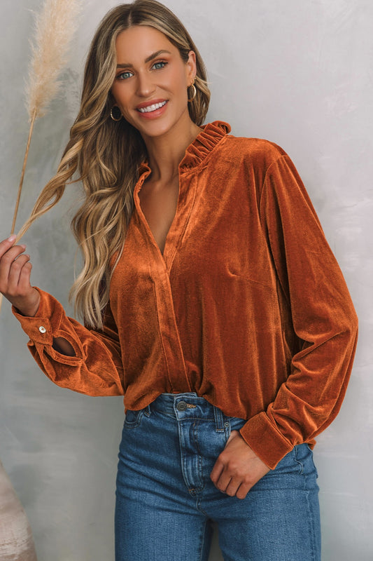 Notched Frill Detail Long Sleeve Blouse - Blouses - FITGGINS