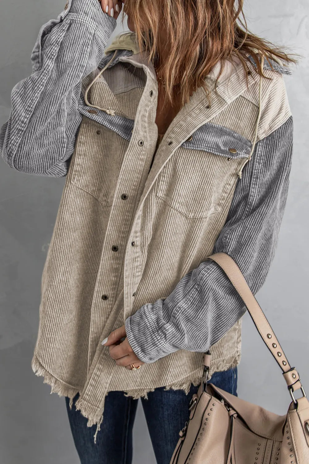 Snap Front Hooded Corduroy Shacket Fitggins