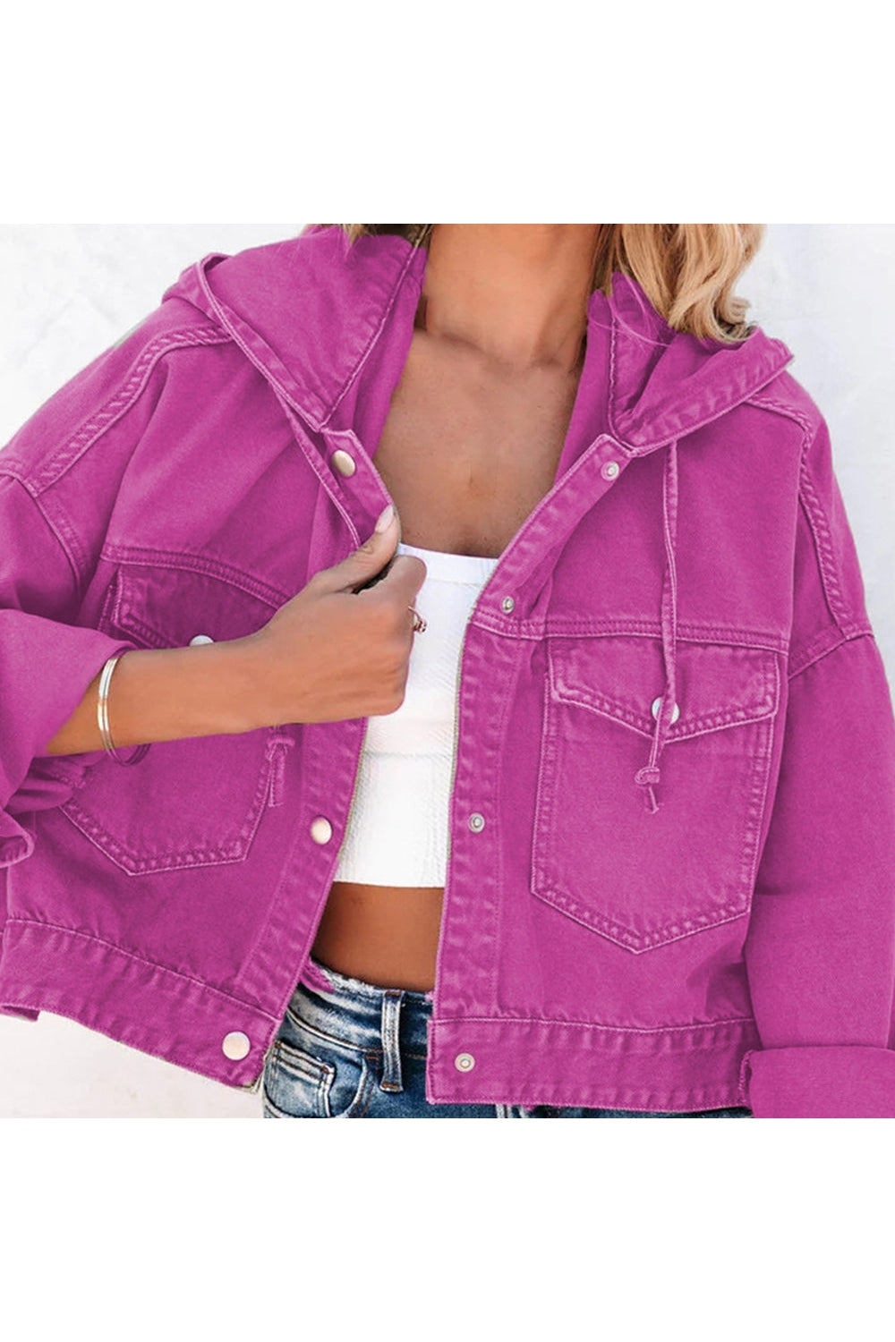 Hooded Dropped Shoulder Denim Jacket - Denim Jackets - FITGGINS