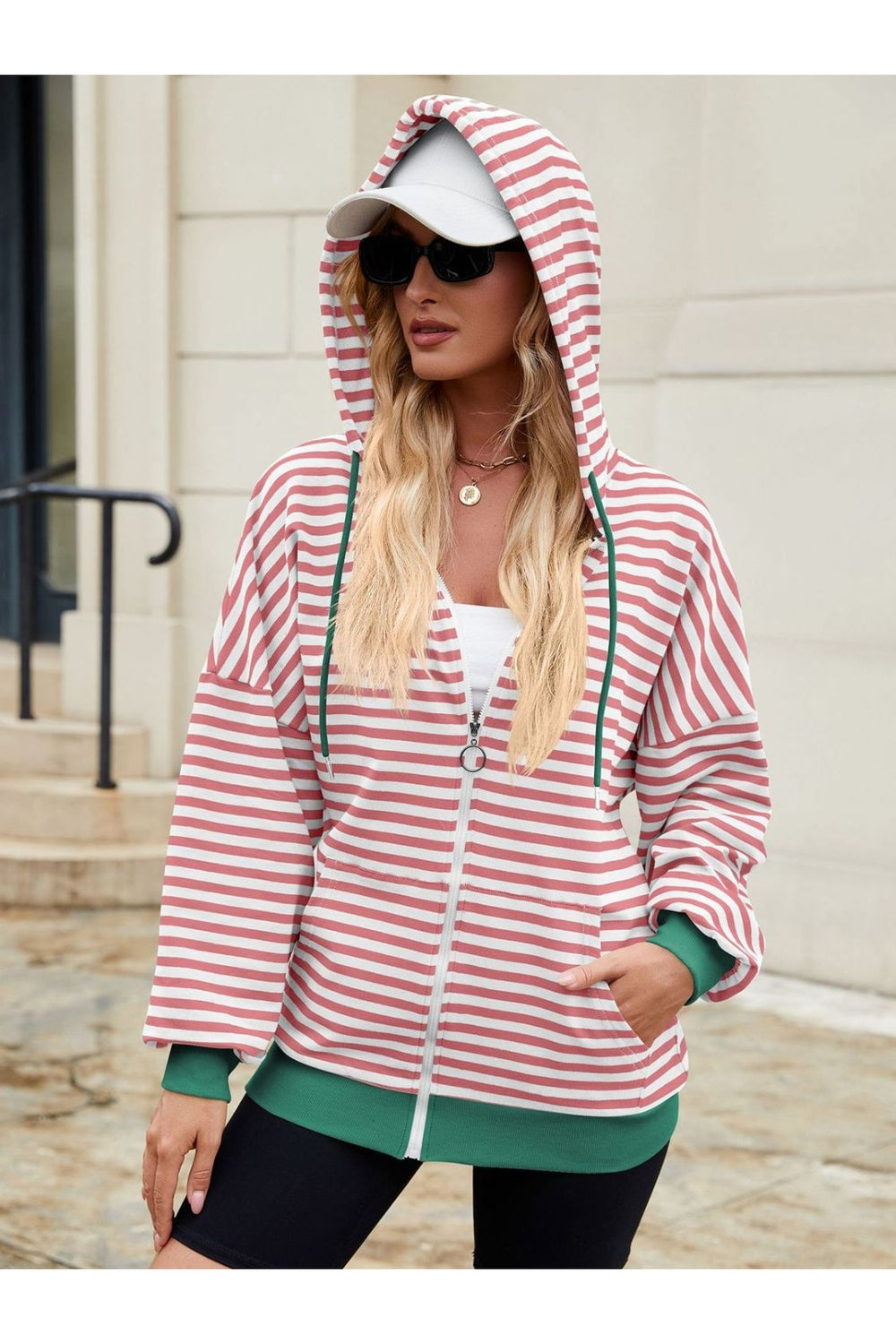 Drawstring Striped Zip Up Long Sleeve Hoodie - Sweatshirts & Hoodies - FITGGINS