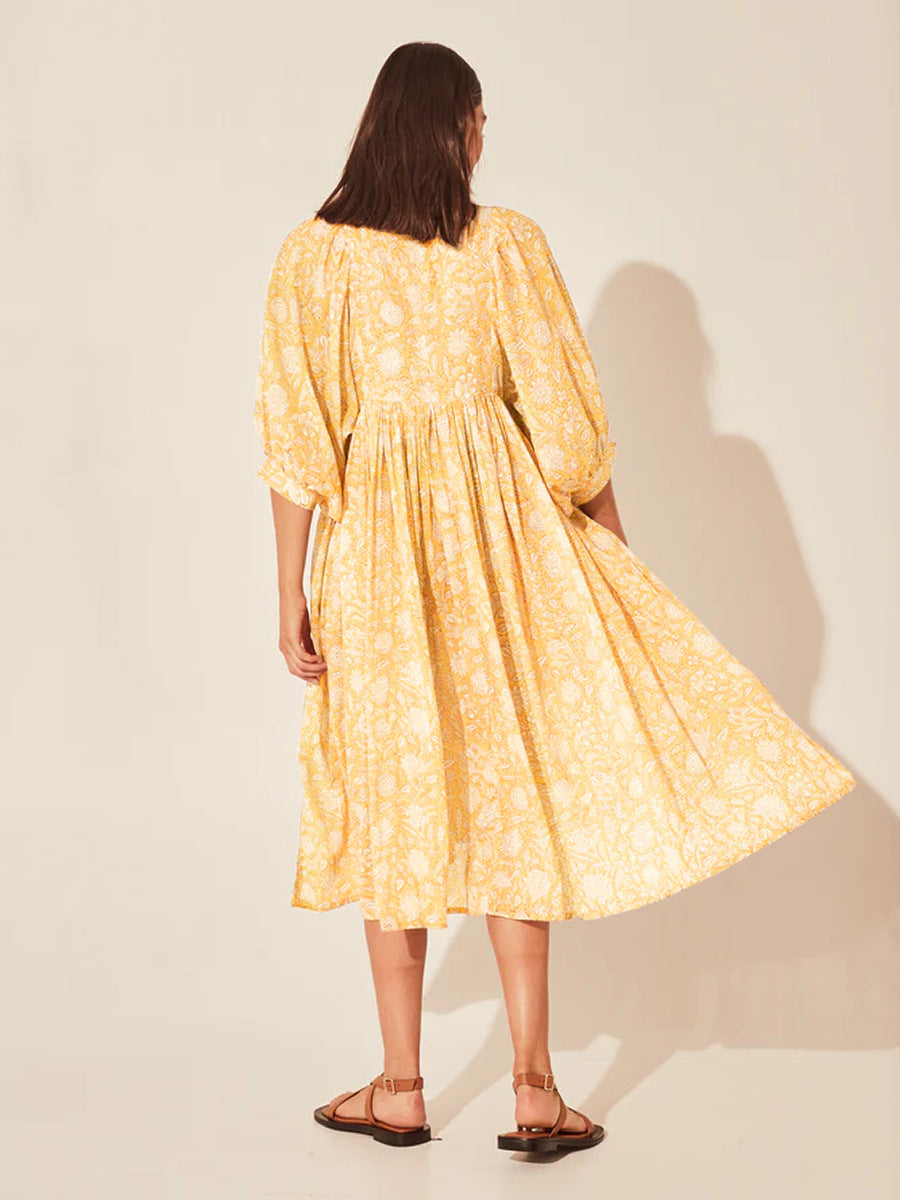 Floral Tie Neck Lantern Sleeve Dress Fitggins