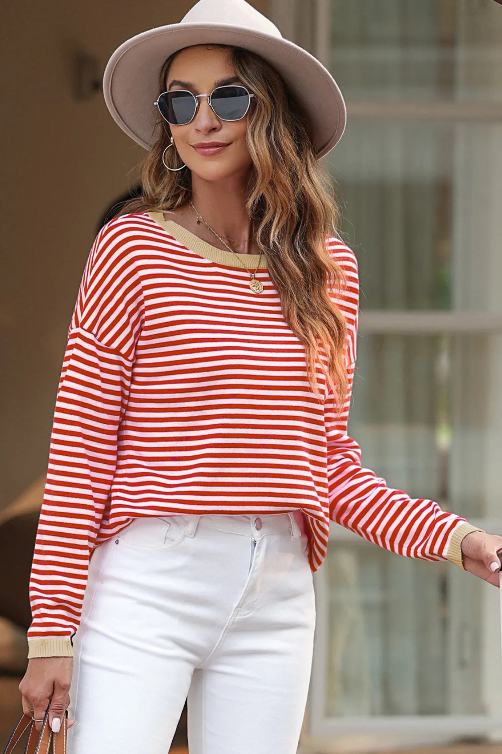 Striped Round Neck Drop Shoulder T-Shirt Fitggins