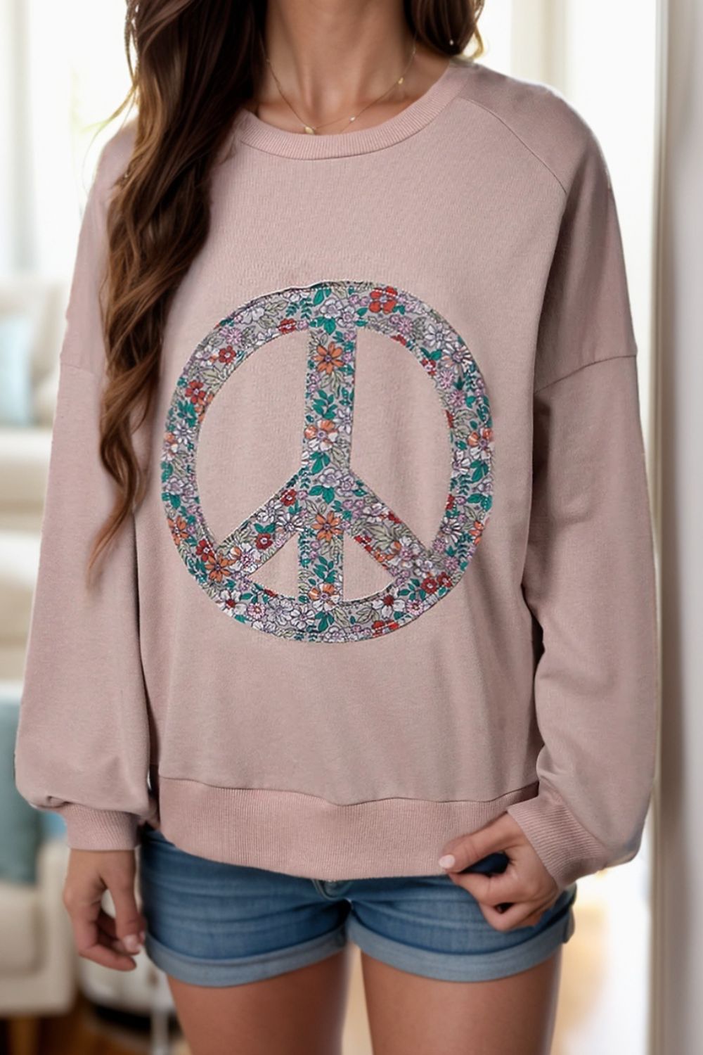 Peace Sign Applique Long Sleeve Sweatshirt - Sweatshirts & Hoodies - FITGGINS