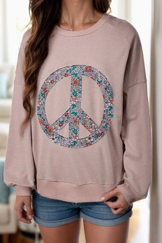 Peace Sign Applique Long Sleeve Sweatshirt - Sweatshirts & Hoodies - FITGGINS